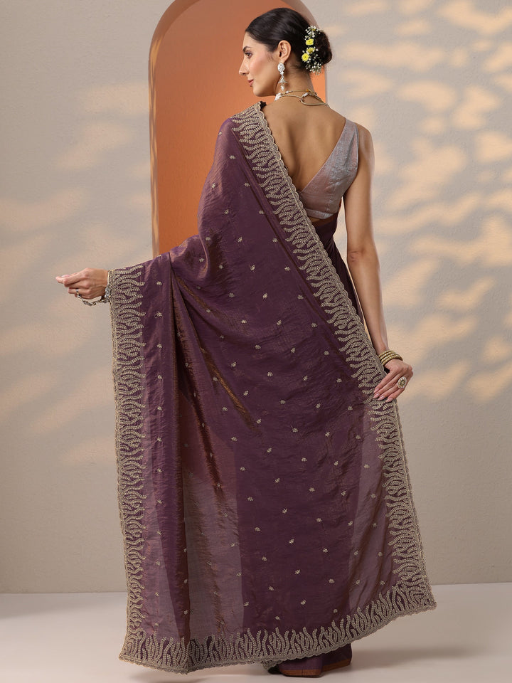 Purple Embellished Organza Saree With Unstitched Blouse Piece