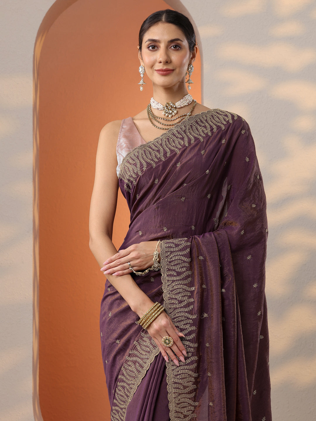Purple Embellished Organza Saree With Unstitched Blouse Piece