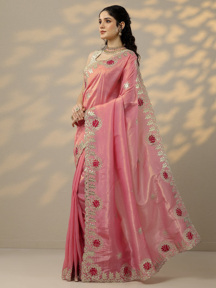 Peach Embroidered Organza Saree With Unstitched Blouse Piece