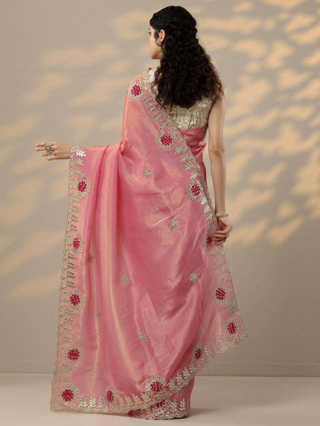 Peach Embroidered Organza Saree With Unstitched Blouse Piece
