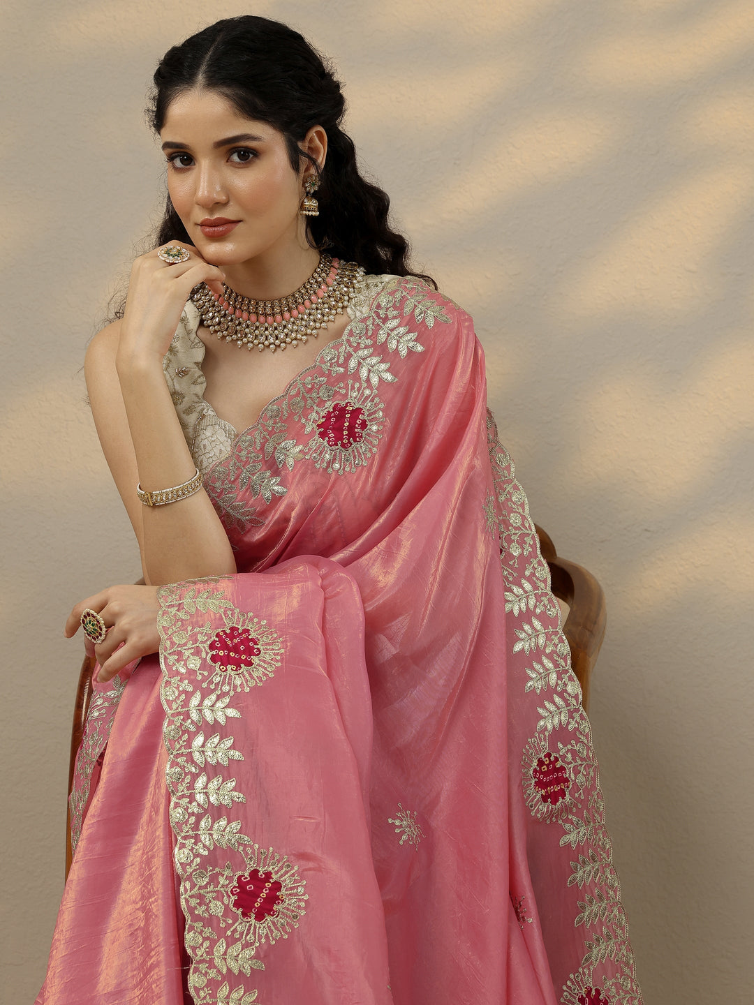 Peach Embroidered Organza Saree With Unstitched Blouse Piece