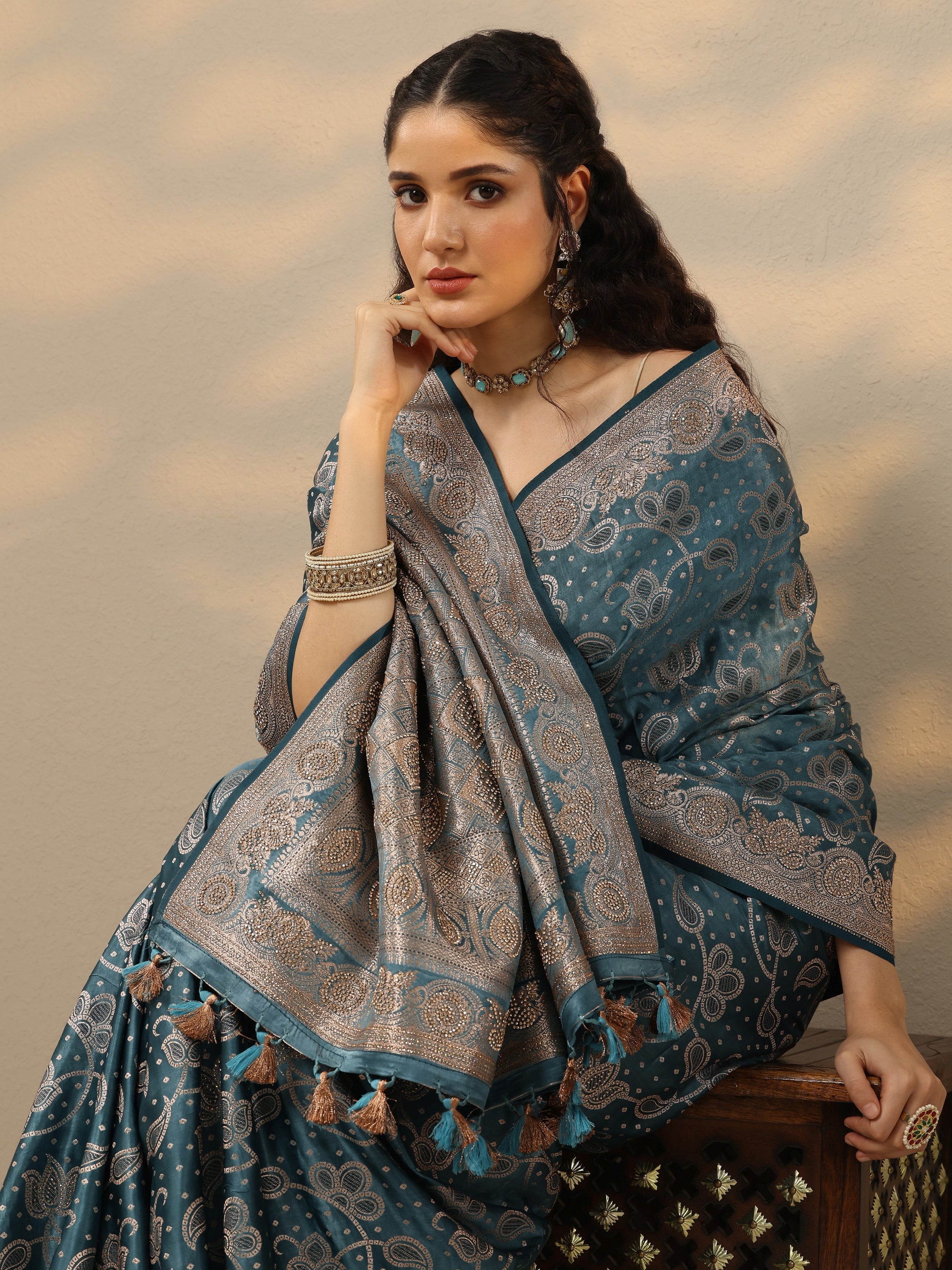 Teal Woven Design Silk Blend Sarees With Unstitched Blouse Piece