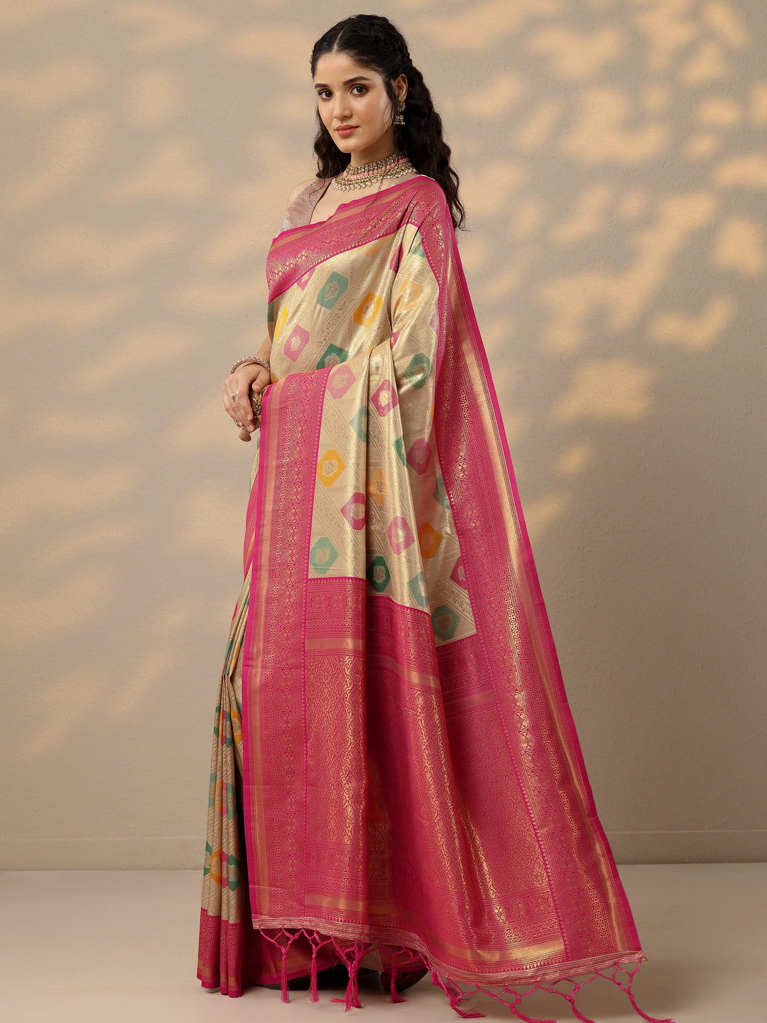 Multi Woven Design Banarasi Silk Blend Saree With Unstitched Blouse Piece
