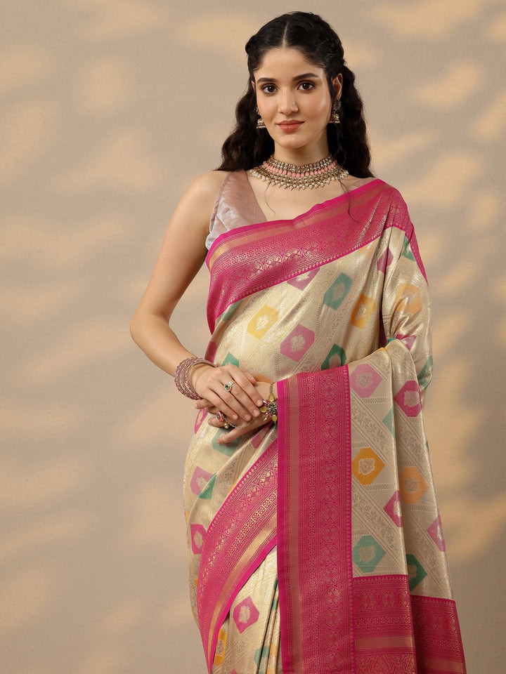 Multi Woven Design Banarasi Silk Blend Saree With Unstitched Blouse Piece