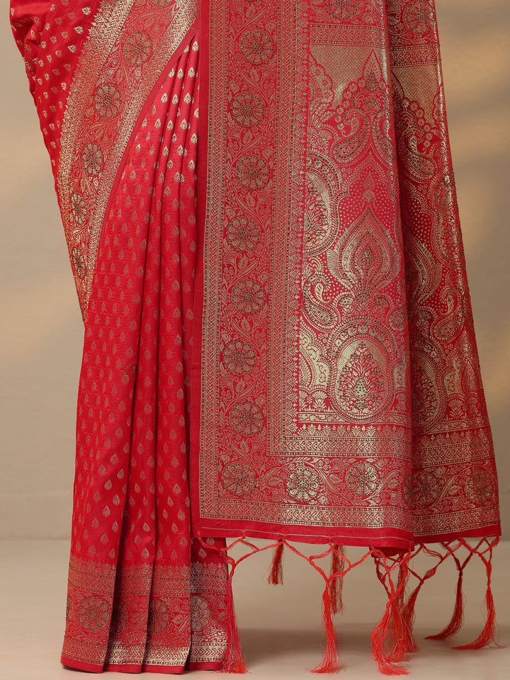 Red Embellished Banarasi Silk Blend Saree With Unstitched Blouse Piece