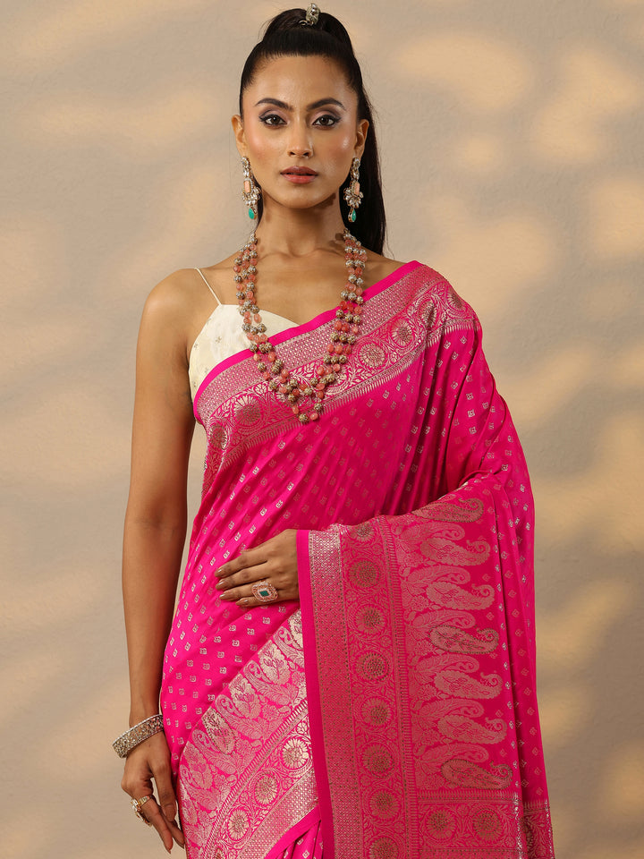 Pink Woven Design Banarasi Silk Blend Saree With Unstitched Blouse Piece