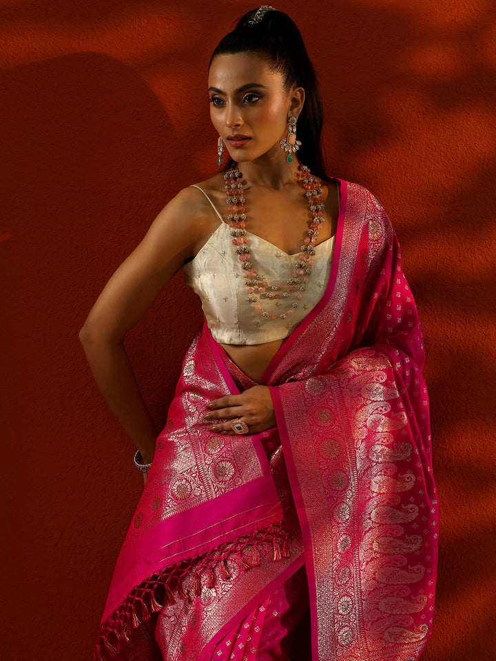 Pink Woven Design Banarasi Silk Blend Saree With Unstitched Blouse Piece