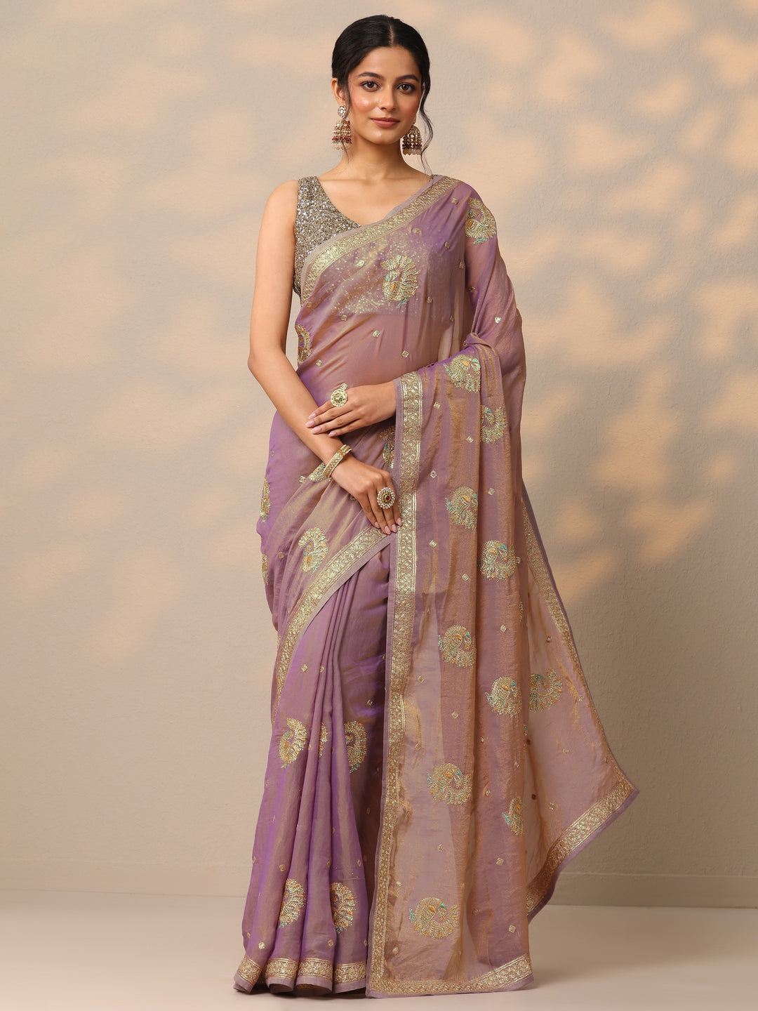 Lavender Embroidered Organza Saree With Unstitched Blouse Piece