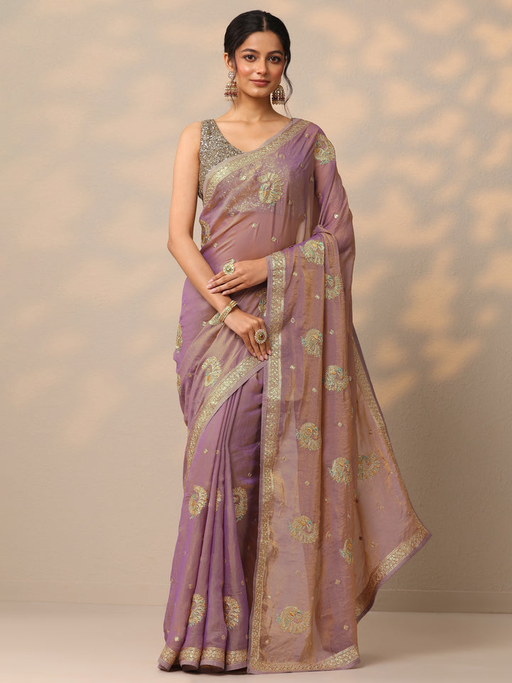 Lavender Embroidered Organza Saree With Unstitched Blouse Piece
