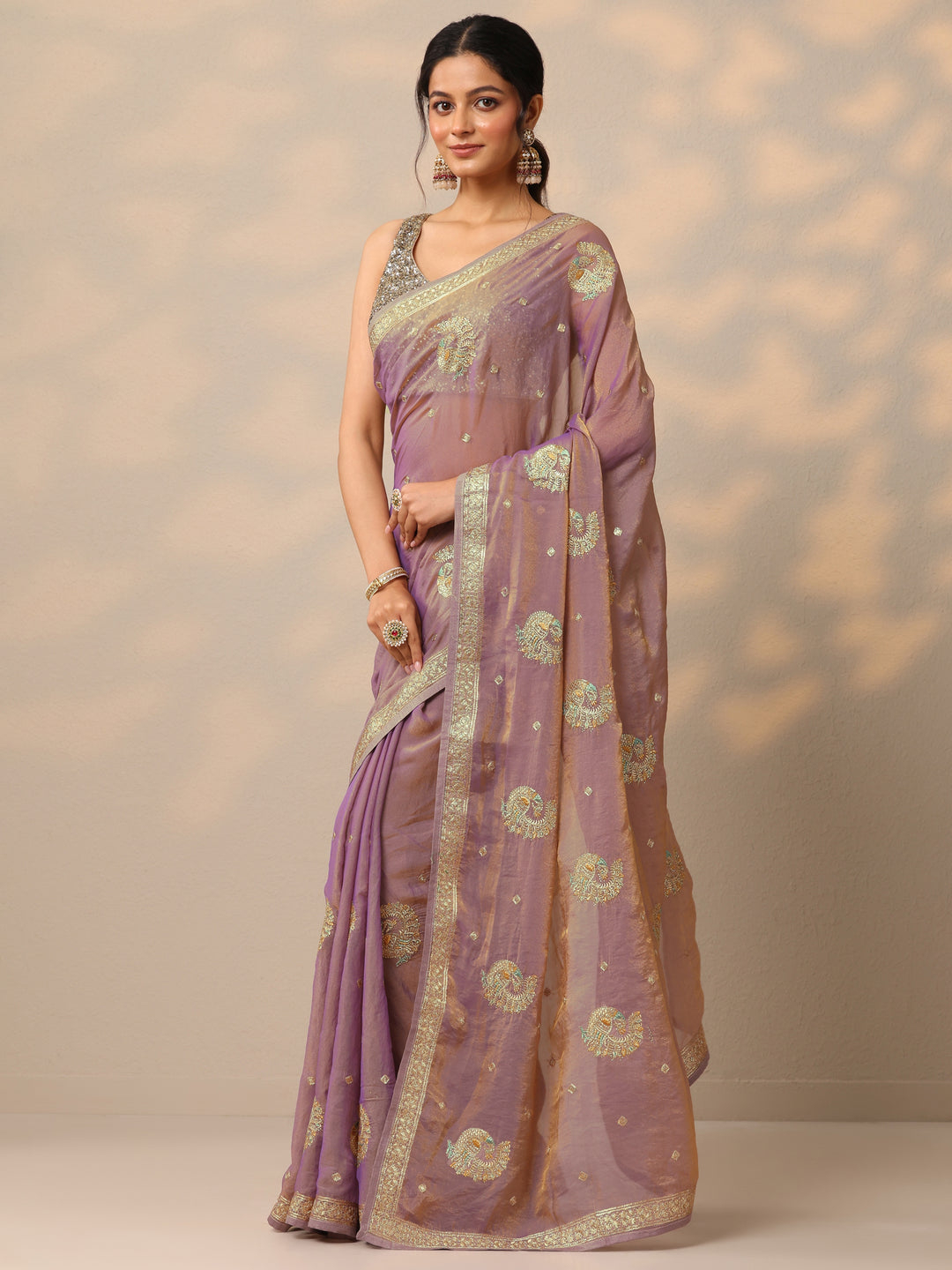 Lavender Embroidered Organza Saree With Unstitched Blouse Piece