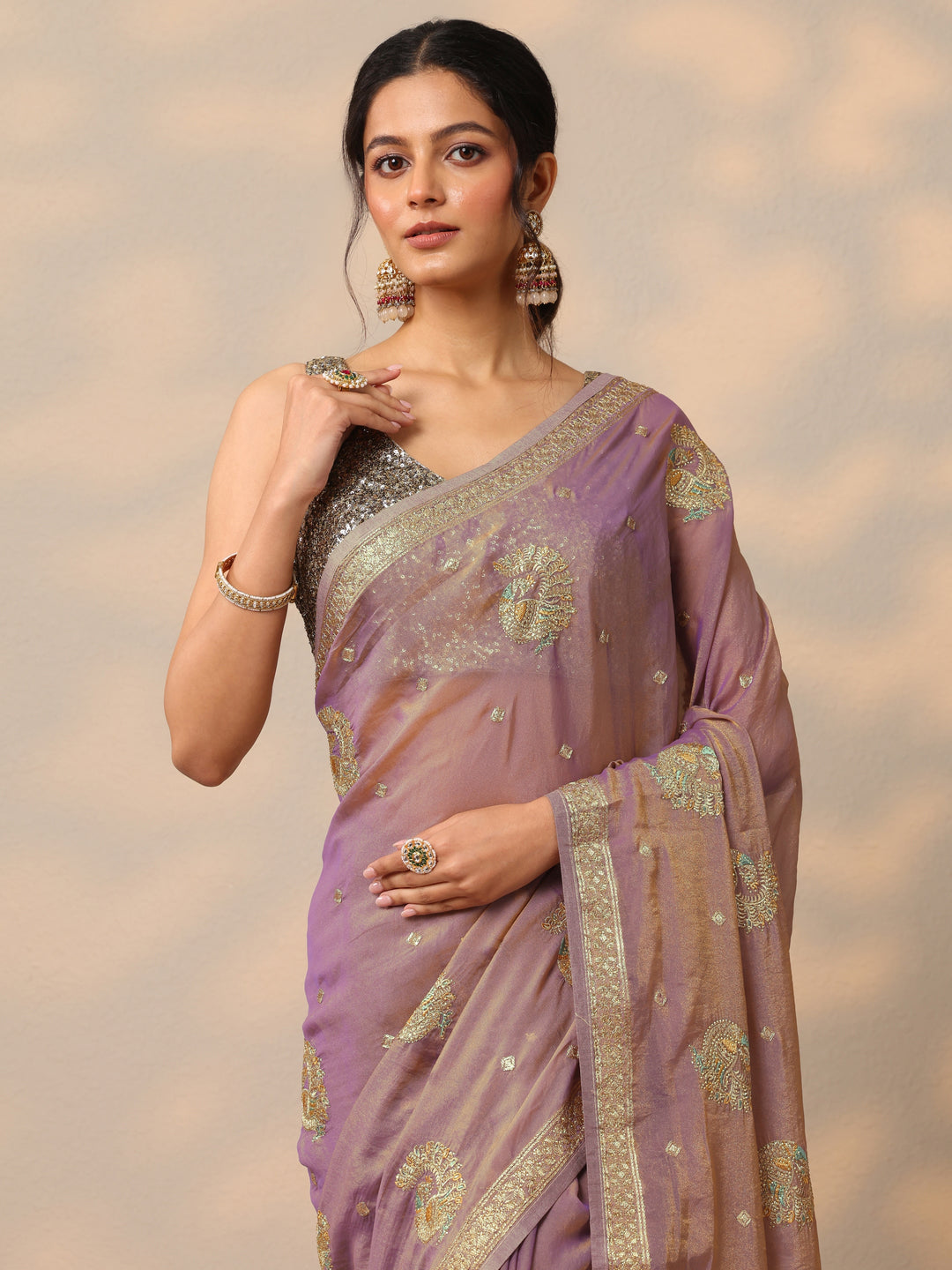 Lavender Embroidered Organza Saree With Unstitched Blouse Piece