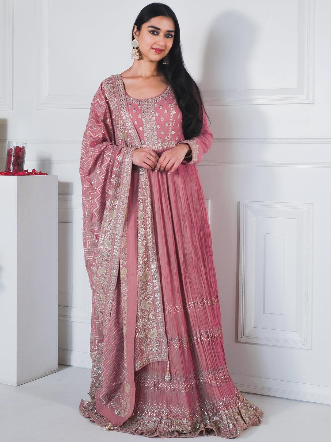 Libas Art Pink Embroidered Georgette A Line Kurta With Trousers Dupatta