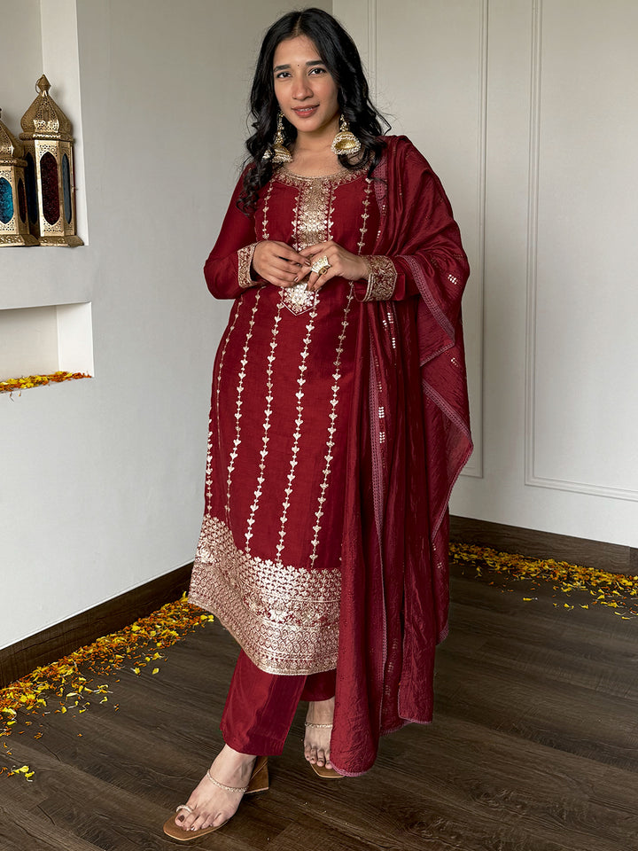 Maroon Embroidered Silk Straight Suit With Dupatta