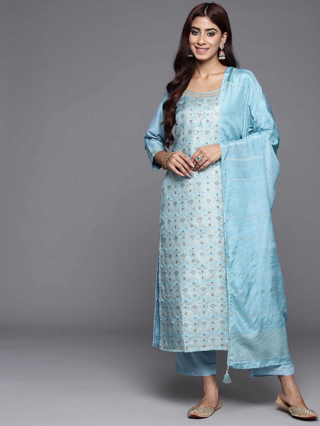 Blue Woven Design Silk Blend Straight Kurta With Trousers & Dupatta - ShopLibas