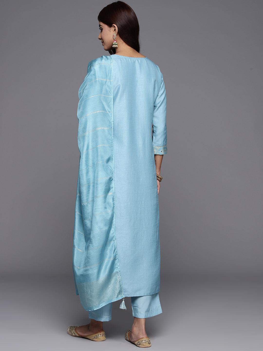 Blue Woven Design Silk Blend Straight Kurta With Trousers & Dupatta - ShopLibas