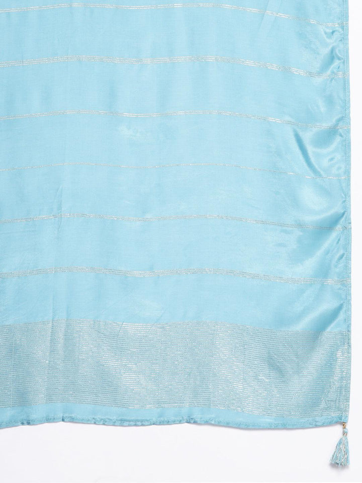 Blue Woven Design Silk Blend Straight Suit With Dupatta