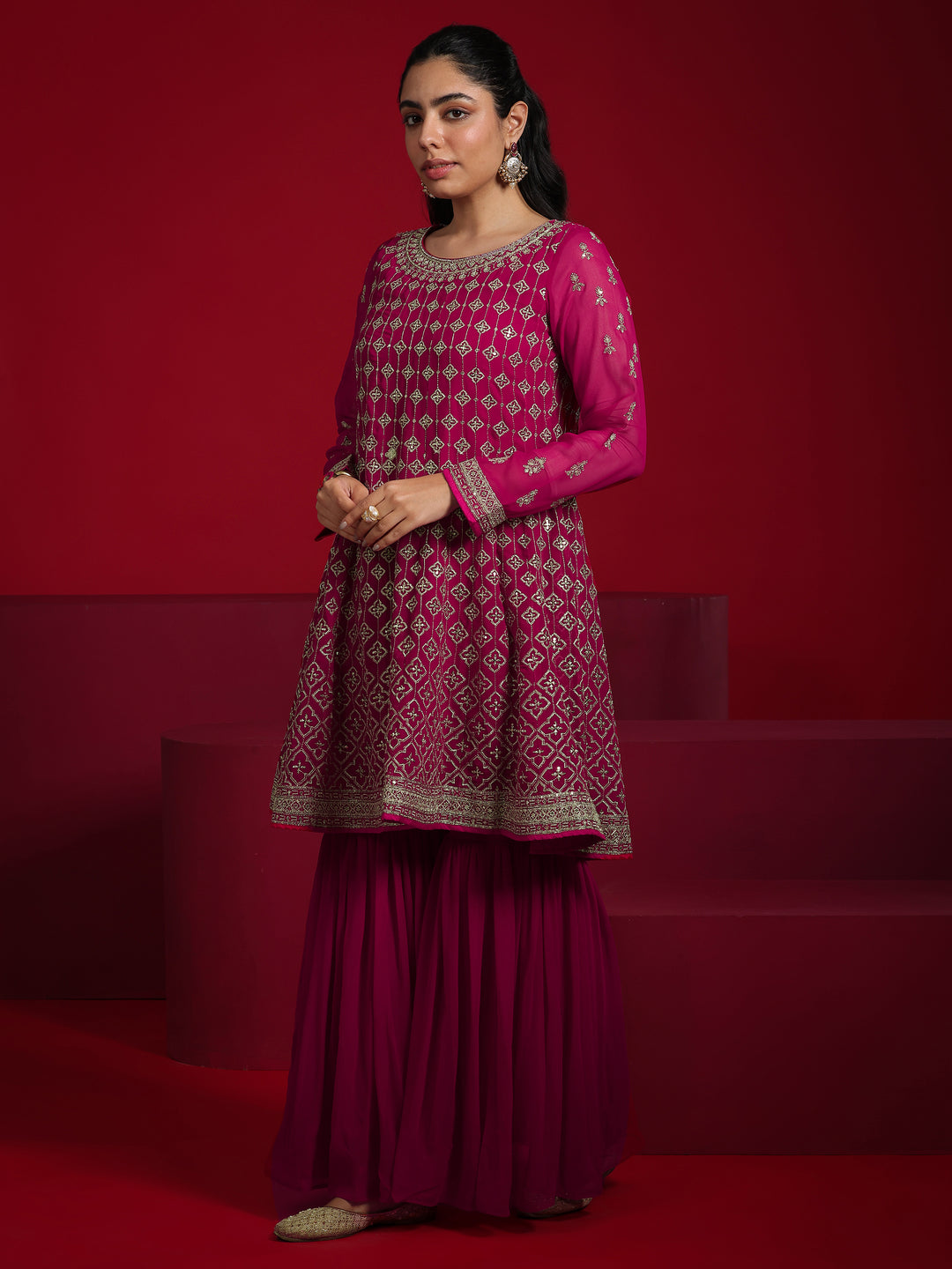 Libas Art Pink Embroidered Georgette A-Line Sharara Suit Set With Dupatta