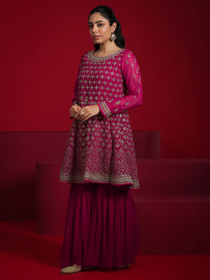 Libas Art Pink Embroidered Georgette A-Line Sharara Suit Set With Dupatta