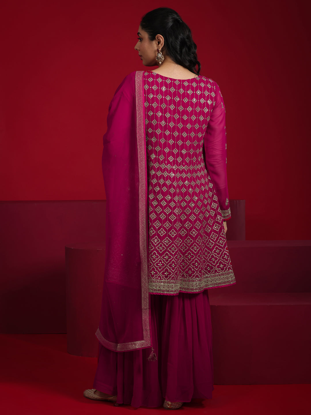 Libas Art Pink Embroidered Georgette A-Line Sharara Suit Set With Dupatta