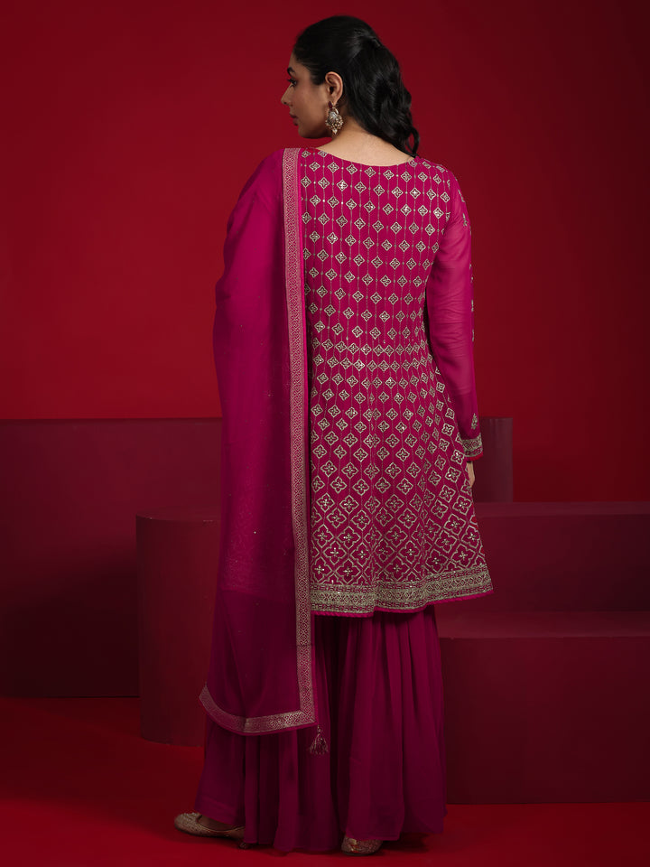 Libas Art Pink Embroidered Georgette A-Line Sharara Suit Set With Dupatta