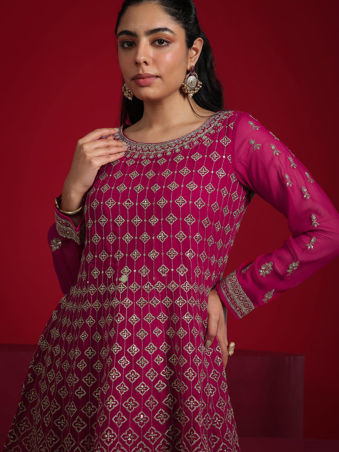 Libas Art Pink Embroidered Georgette A-Line Sharara Suit Set With Dupatta