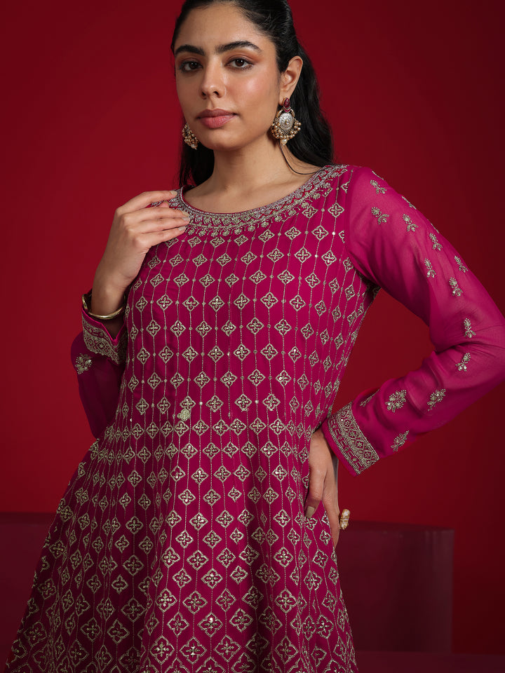 Libas Art Pink Embroidered Georgette A-Line Sharara Suit Set With Dupatta