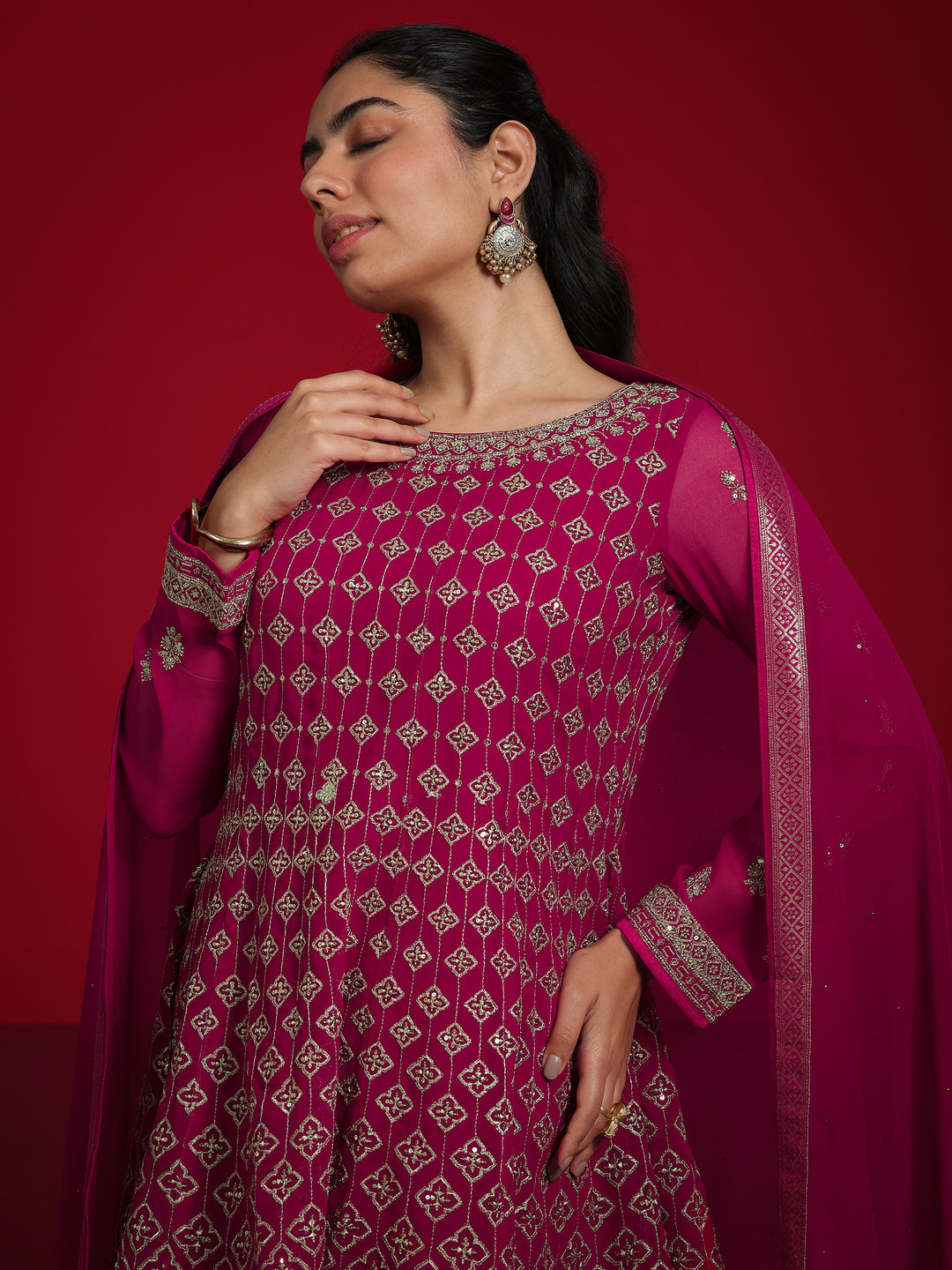 Libas Art Pink Embroidered Georgette A-Line Sharara Suit Set With Dupatta