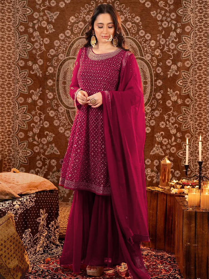 Libas Art Hot Pink Embroidered Georgette A-Line Kurta With Sharara & Dupatta