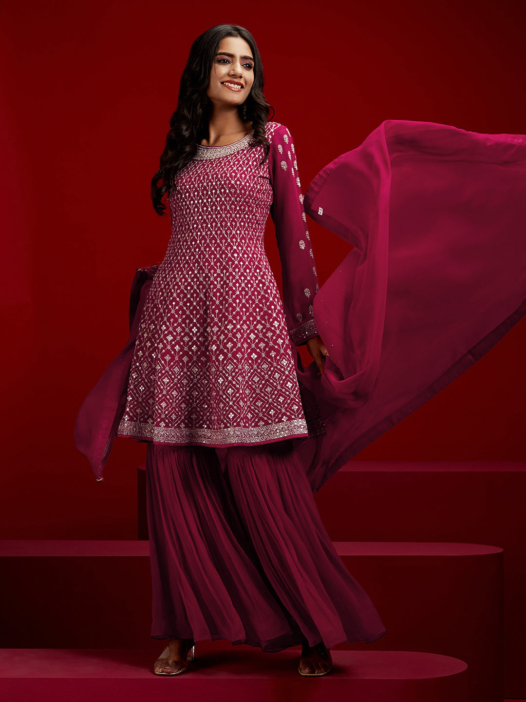 Libas Art Hot Pink Embroidered Georgette A-Line Kurta With Sharara & Dupatta