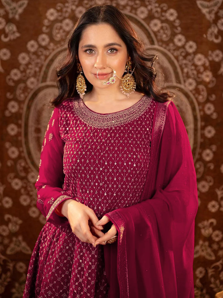 Libas Art Hot Pink Embroidered Georgette A-Line Kurta With Sharara & Dupatta