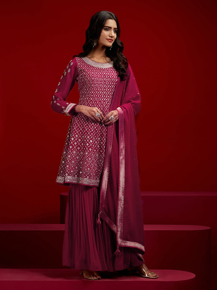 Libas Art Hot Pink Embroidered Georgette A-Line Kurta With Sharara & Dupatta