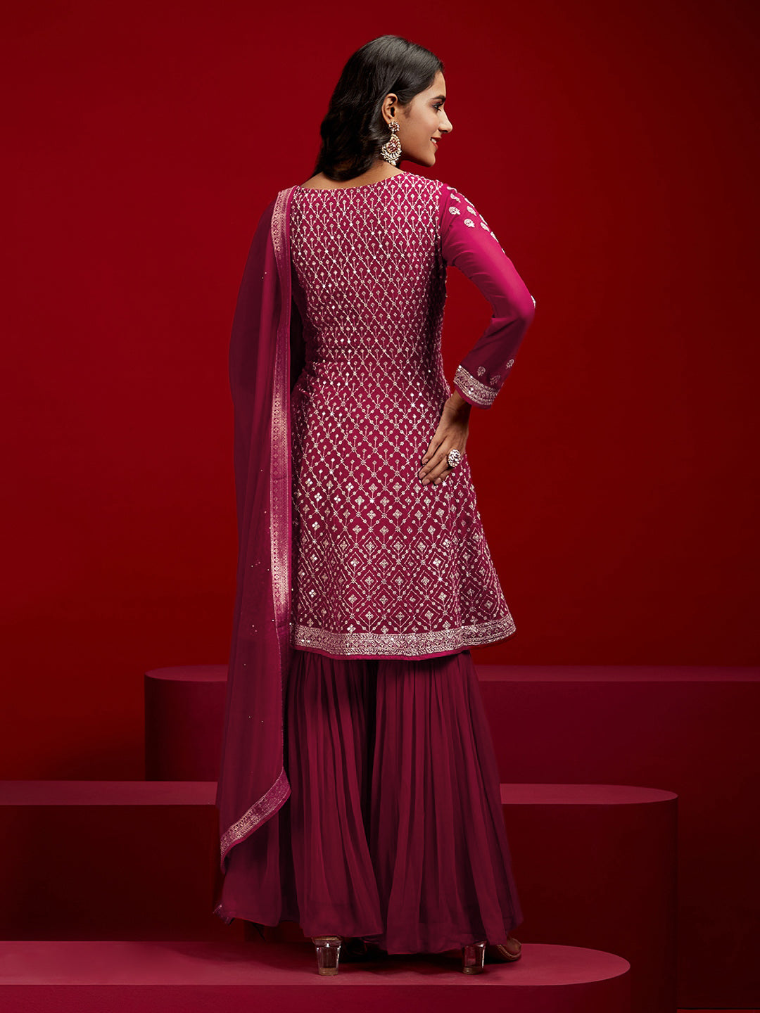 Libas Art Hot Pink Embroidered Georgette A-Line Kurta With Sharara & Dupatta