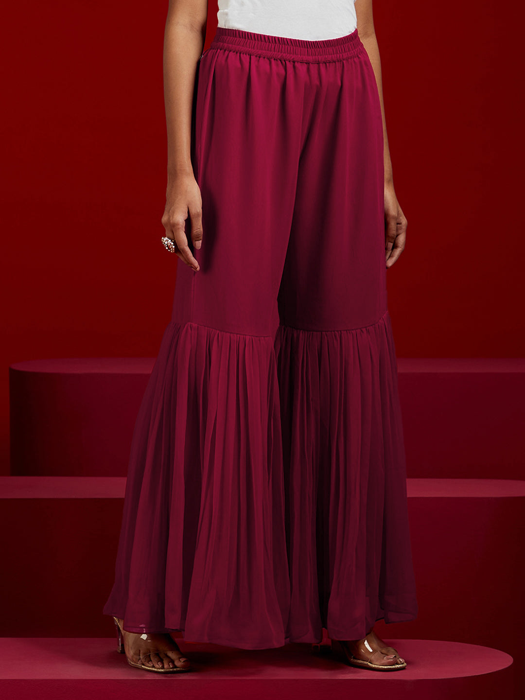 Libas Art Hot Pink Embroidered Georgette A-Line Kurta With Sharara & Dupatta