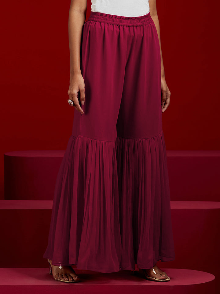 Libas Art Hot Pink Embroidered Georgette A-Line Kurta With Sharara & Dupatta