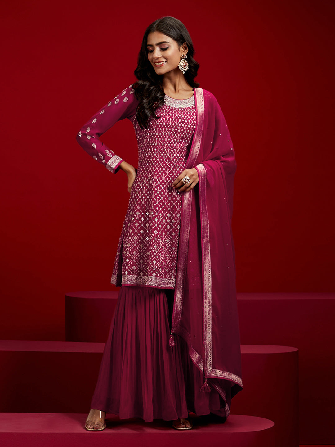 Libas Art Hot Pink Embroidered Georgette A-Line Kurta With Sharara & Dupatta