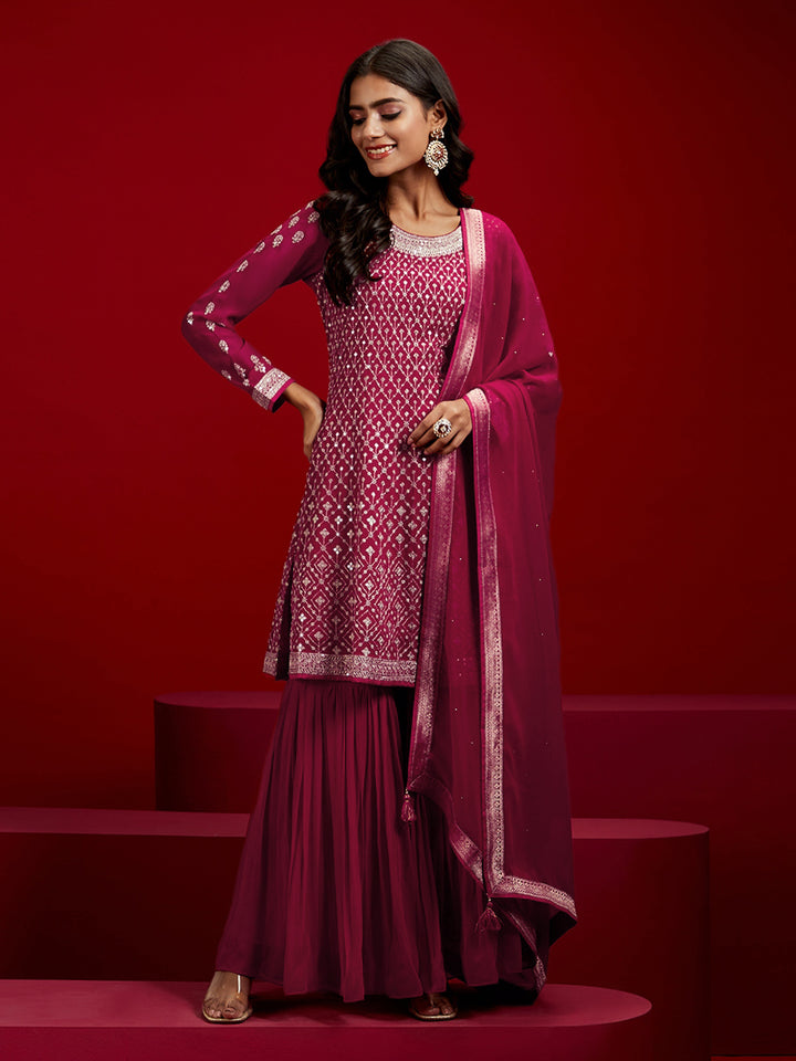Libas Art Hot Pink Embroidered Georgette A-Line Kurta With Sharara & Dupatta