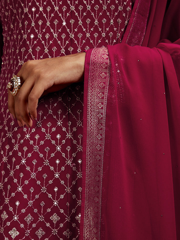 Libas Art Hot Pink Embroidered Georgette A-Line Kurta With Sharara & Dupatta