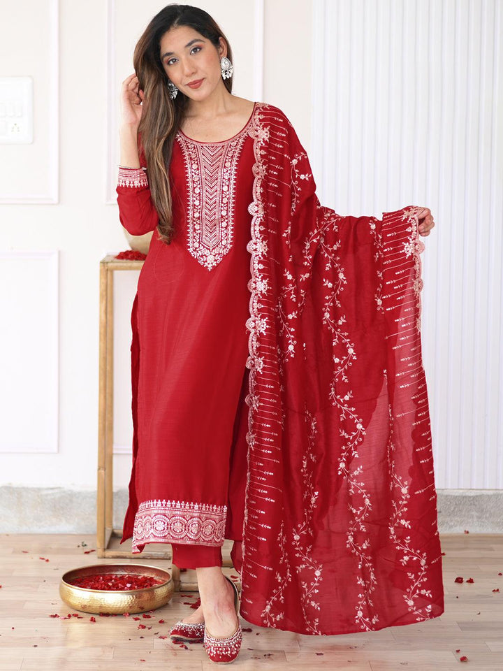 Pink Yoke Design Silk Blend Straight Suit With Dupatta