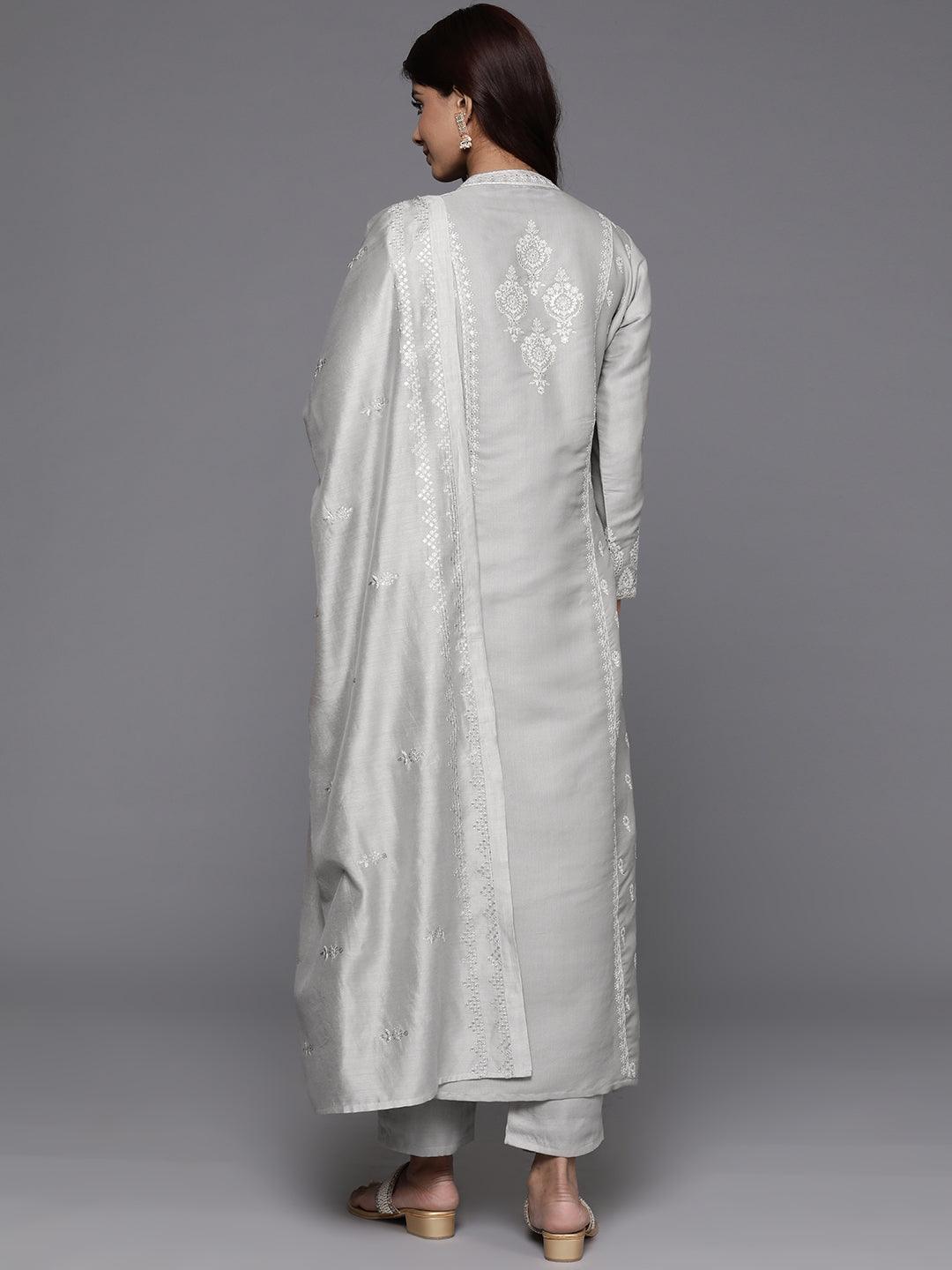 Libas Art Taupe Embroidered Silk Blend A-Line Kurta With Trousers & Dupatta - ShopLibas