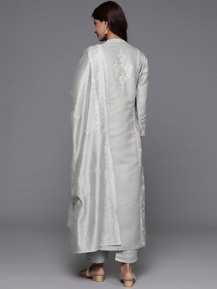 Libas Art Taupe Embroidered Silk Blend A-Line Kurta With Trousers & Dupatta