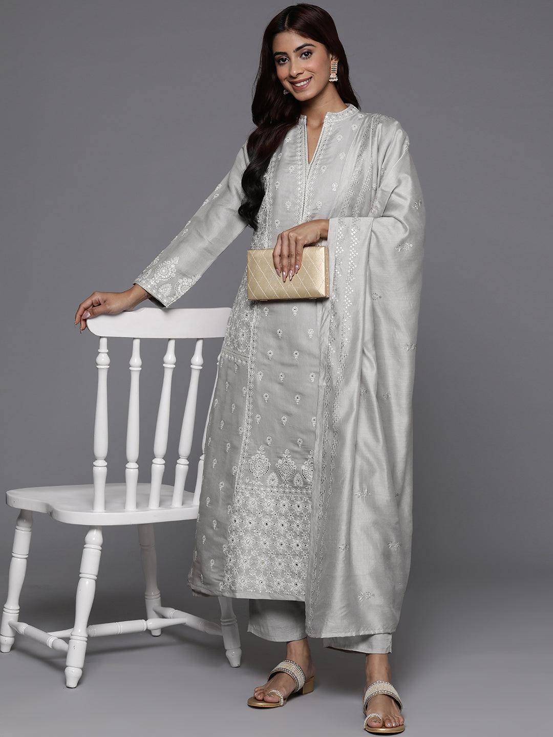 Libas Art Taupe Embroidered Silk Blend A-Line Kurta With Trousers & Dupatta - ShopLibas