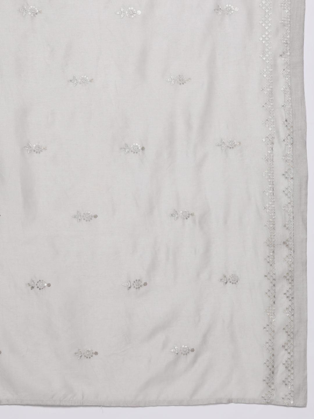 Libas Art Taupe Embroidered Silk Blend A-Line Kurta With Trousers & Dupatta - ShopLibas