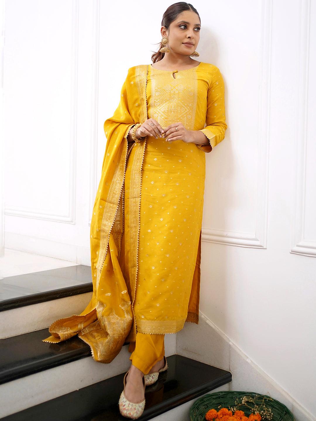 Yellow Woven Design Silk Straight Kurta With Trousers & Dupatta - ShopLibas