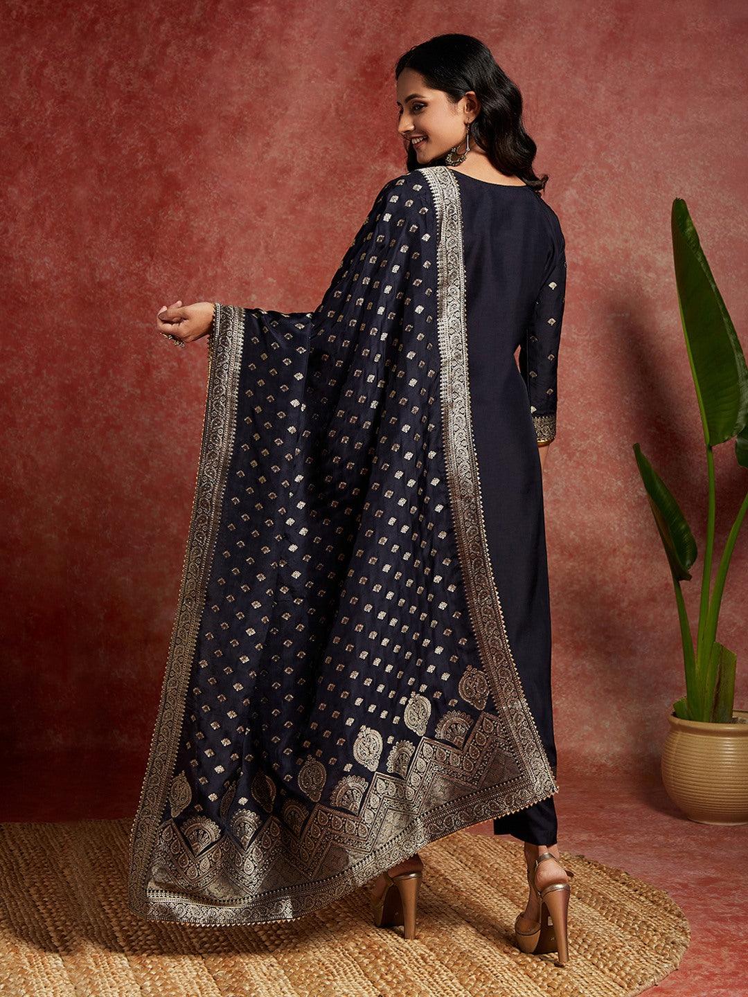 Navy Woven Design Silk Straight Kurta With Trousers & Dupatta - ShopLibas