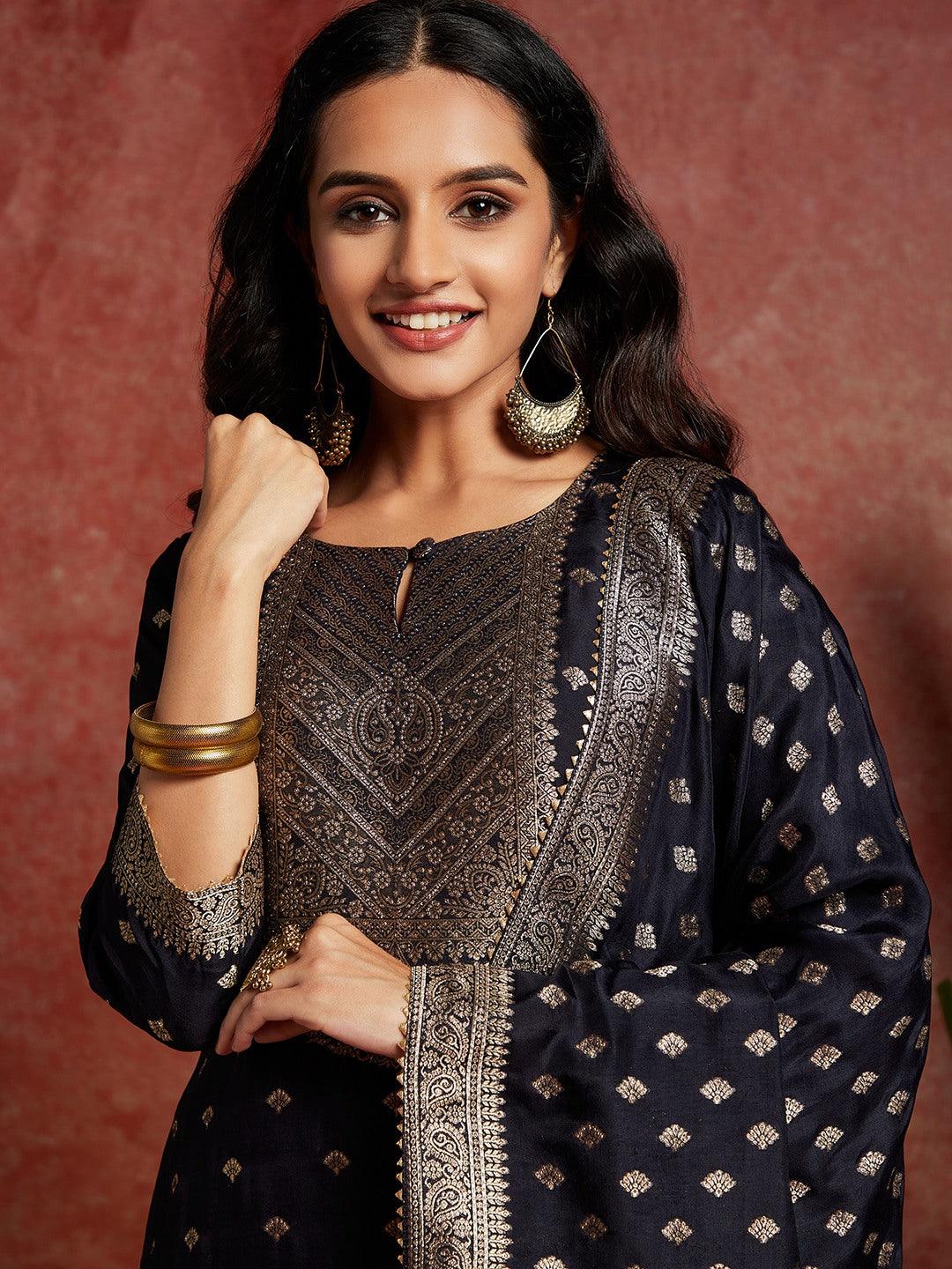 Navy Woven Design Silk Straight Kurta With Trousers & Dupatta - ShopLibas