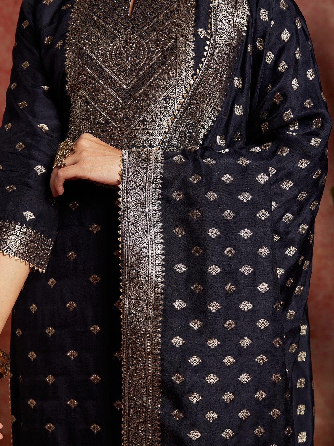 Navy Woven Design Silk Straight Kurta With Trousers & Dupatta - ShopLibas