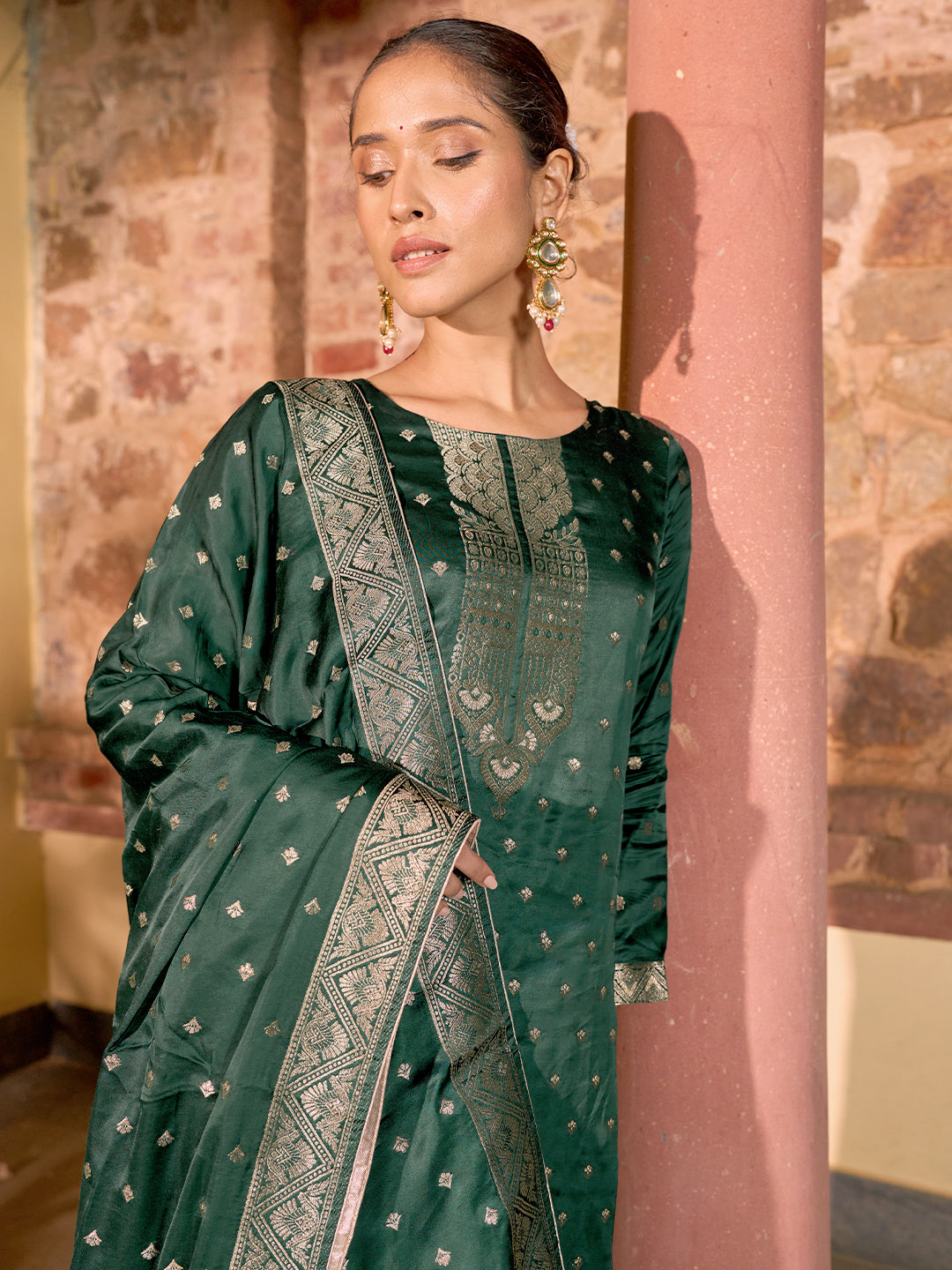 Libas Art Green Woven Design Silk Straight Suit With Dupatta