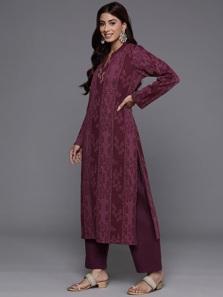Maroon Self Design Wool Blend Straight Suit With Dupatta