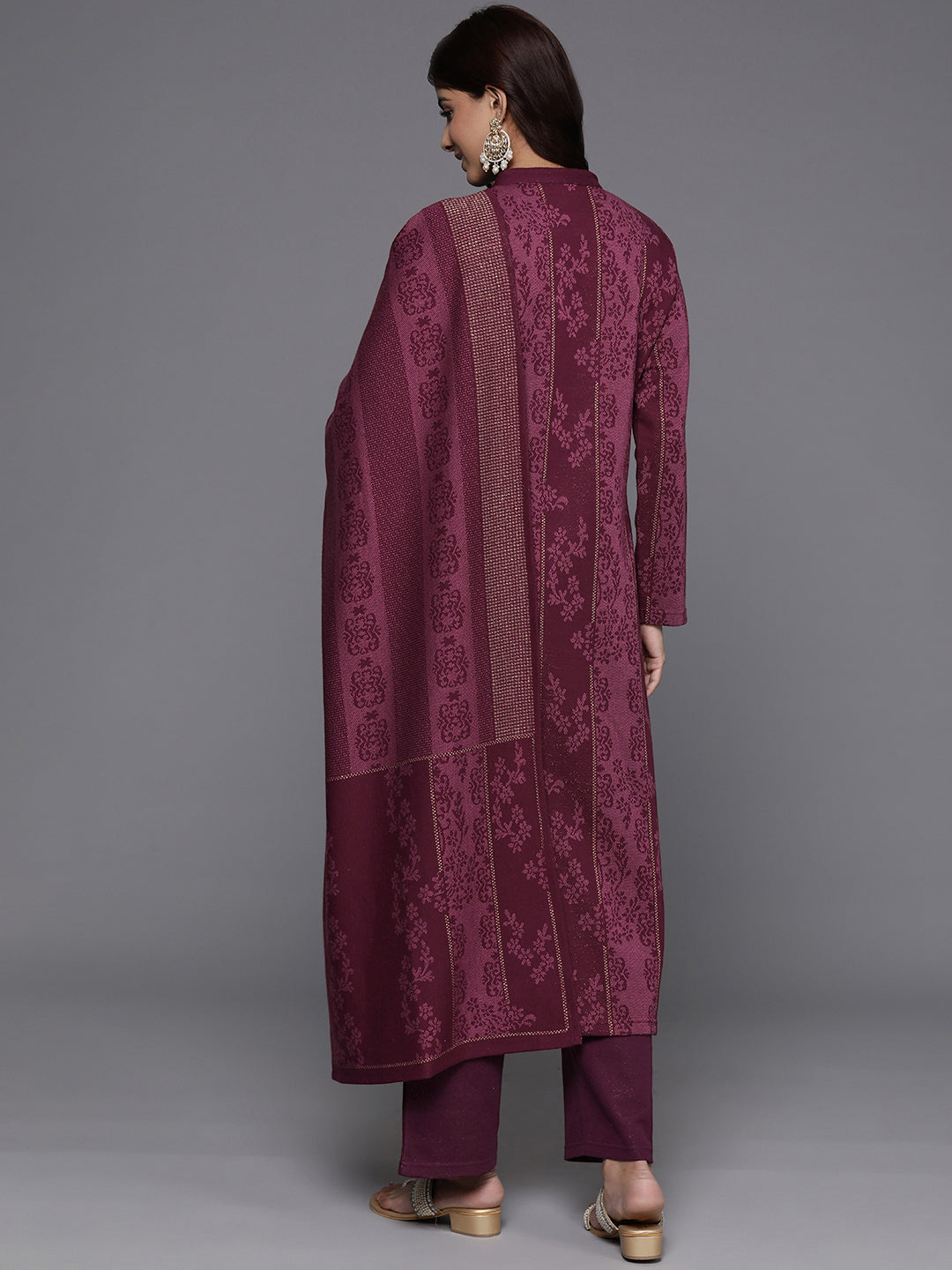 Maroon Self Design Wool Blend Straight Suit With Dupatta