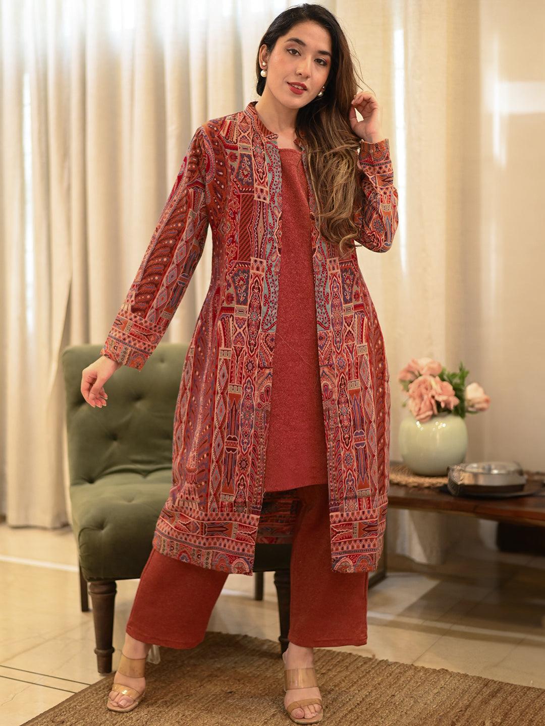 Rust Printed Wool Blend Straight Kurta With Trousers - ShopLibas